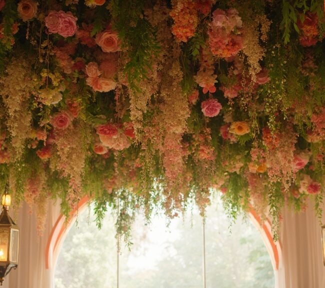 Detalles de boda elegantes | Instalaciones florales en el techo