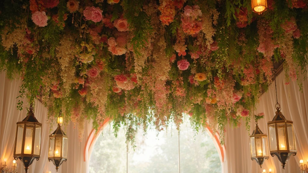 Detalles de boda elegantes | Instalaciones florales en el techo